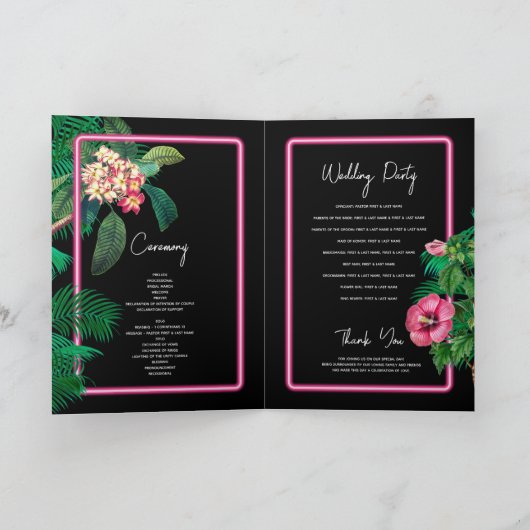 Neon Pink Tropical Retro Wedding Order of Service Programma (Binnen)