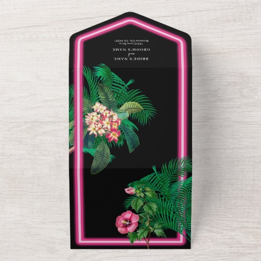 Neon Pink Tropische Retro Botanicals Bruiloft All In One Uitnodiging (Buitenkant)
