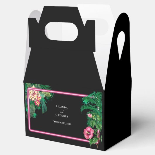 Neon Pink Tropische Retro Botanicals Bruiloft Bedankdoosjes (Geopend)