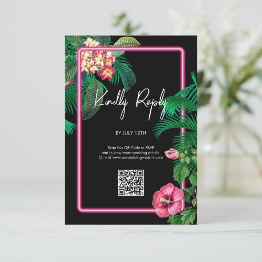Neon Pink Tropische Retro Botanicals Bruiloft Informatiekaartje (Staand voorkant)
