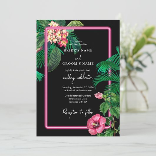 Neon Pink Tropische Retro Botanicals Bruiloft Kaart (Staand voorkant)