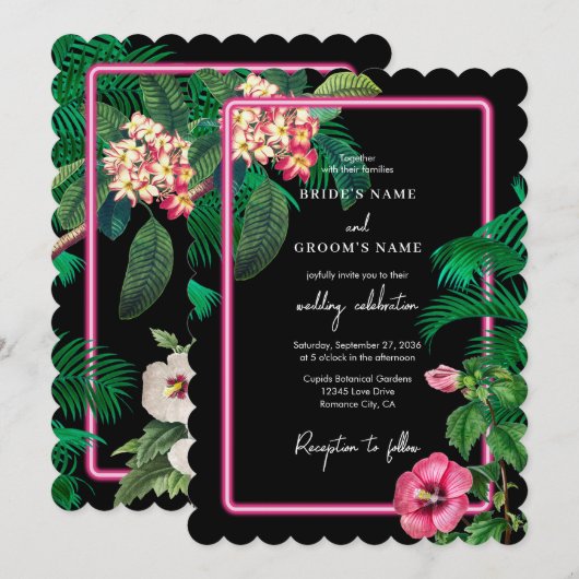 Neon Pink Tropische Retro Botanicals Bruiloft Kaart (Voorkant / Achterkant)
