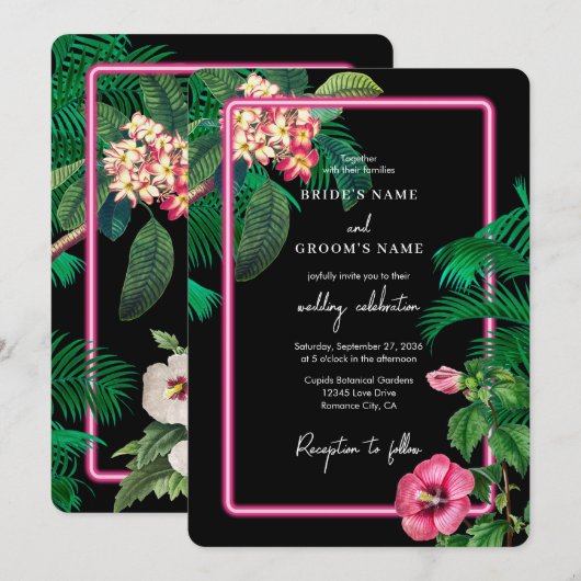 Neon Pink Tropische Retro Botanicals Bruiloft Kaart (Voorkant / Achterkant)