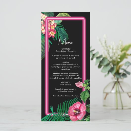 Neon Pink Tropische Retro Botanicals Bruiloft Menu (Staand voorkant)