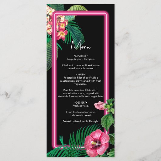 Neon Pink Tropische Retro Botanicals Bruiloft Menu (Voorkant)
