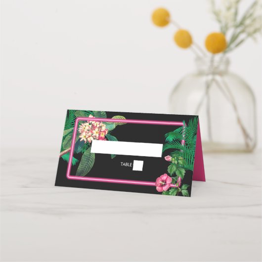 Neon Pink Tropische Retro Botanicals Bruiloft Plaatskaartje (Voorkant)
