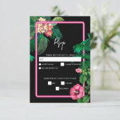 Neon Pink Tropische Retro Botanicals Bruiloft RSVP Kaartje (Staand voorkant)