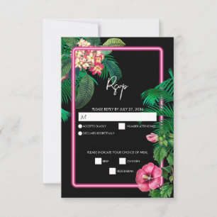 Neon Pink Tropische Retro Botanicals Bruiloft RSVP Kaartje