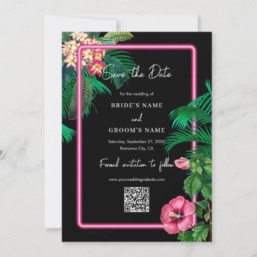 Neon Pink Tropische Retro Botanicals Bruiloft Save The Date (Voorkant)