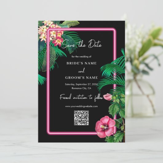 Neon Pink Tropische Retro Botanicals Bruiloft Save The Date (Staand voorkant)
