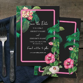 Neon Pink Tropische Retro Botanicals Bruiloft Save The Date