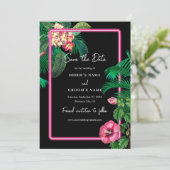 Neon Pink Tropische Retro Botanicals Bruiloft Save The Date (Staand voorkant)