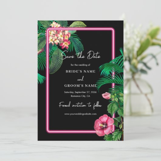 Neon Pink Tropische Retro Botanicals Bruiloft Save The Date (Staand voorkant)