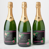 Neon Pink Tropische Retro Botanicals Bruiloft Sparkling Wijnetiket (Flessen)