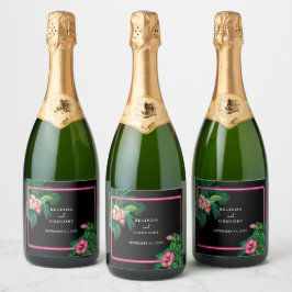 Neon Pink Tropische Retro Botanicals Bruiloft Sparkling Wijnetiket