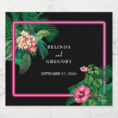 Neon Pink Tropische Retro Botanicals Bruiloft Sparkling Wijnetiket (Enkel label)