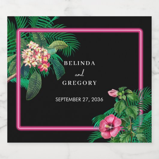 Neon Pink Tropische Retro Botanicals Bruiloft Sparkling Wijnetiket (Enkel label)
