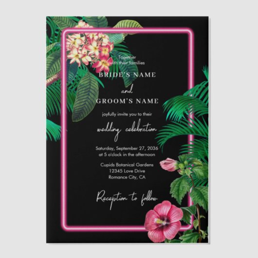 Neon Pink Tropische Retro Botanicals Bruiloft Vellum Uitnodigingen (Voorkant)