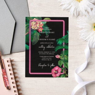 Neon Pink Tropische Retro Botanicals Bruiloft Vellum Uitnodigingen