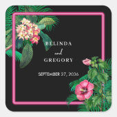 Neon Pink Tropische Retro Botanicals Bruiloft Vierkante Sticker (Voorkant)