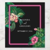 Neon Pink Tropische Retro Botanicals Bruiloft Wijn Etiket (Enkel label)