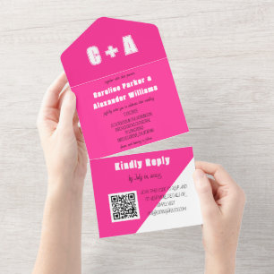 Neon Pink White Retro Modern Bold Elegant All In One Uitnodiging