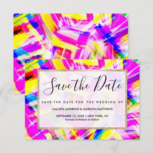 Neon Pink Yellow BrusExplosion Art Save The Date (Voorkant / Achterkant)