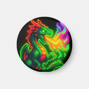 Neon Pixel Dragon – Retro Arcade Flame Design Magneet