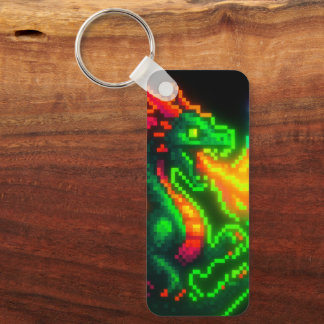 Neon Pixel Dragon – Retro Arcade Flame Design Sleutelhanger
