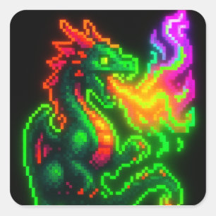 Neon Pixel Dragon – Retro Arcade Flame Design Vierkante Sticker