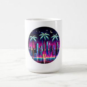 Neon Pixel Palm Trees - Cyberpunk Night City Art Koffiemok