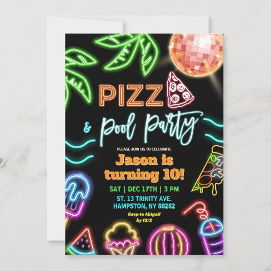 Neon Pizza Pool Party Kids Verjaardag Kaart (Voorkant)