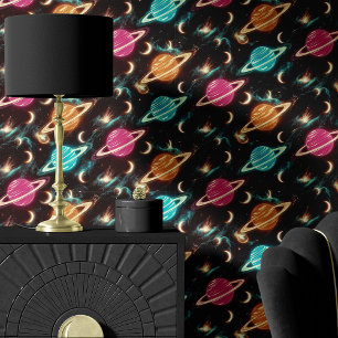 Neon planeten en manen Galaxy Behang