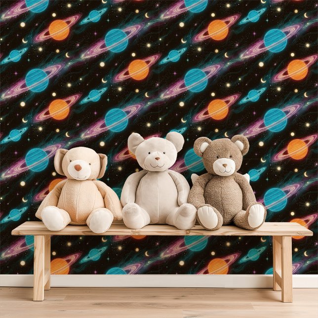 Neon planeten en manen in de ruimte behang (Creator heeft geüpload)