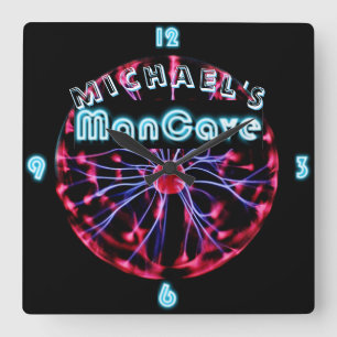 Neon Plasma Ball Mancave Gaming Den Personalized Vierkante Klok