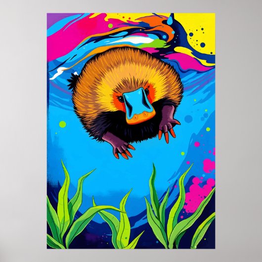 Neon Platypus Onderwater Splash - Kleurrijke Aussi Poster (Voorkant)