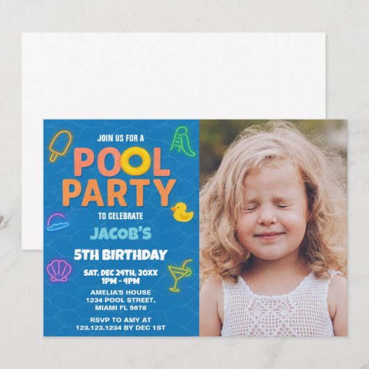Neon Pool Feest Verjaardagsuitnodiging met foto Kaart (Voorkant / Achterkant)