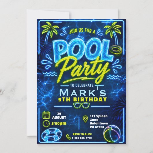 Neon Pool Party Jongens Verjaardag Kaart (Voorkant)