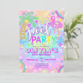 Neon Pool Party uitnodiging Flamingo Pool (Staand voorkant)
