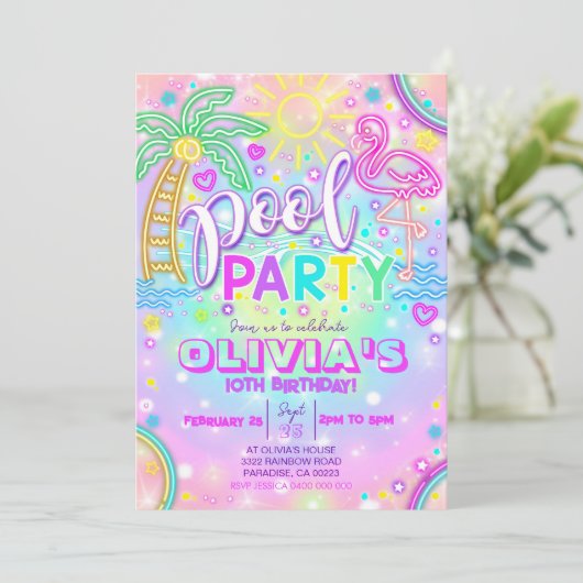 Neon Pool Party uitnodiging Flamingo Pool (Staand voorkant)
