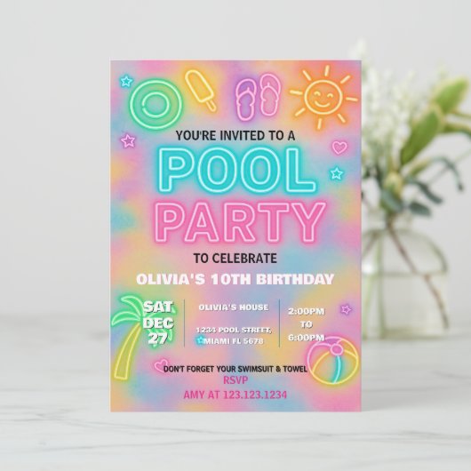Neon Pool Party Uitnodiging voor kinderen en Tiene (Staand voorkant)