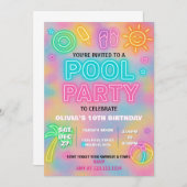 Neon Pool Party Uitnodiging voor kinderen en Tiene (Voorkant / Achterkant)