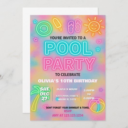 Neon Pool Party Uitnodiging voor kinderen en Tiene (Voorkant / Achterkant)