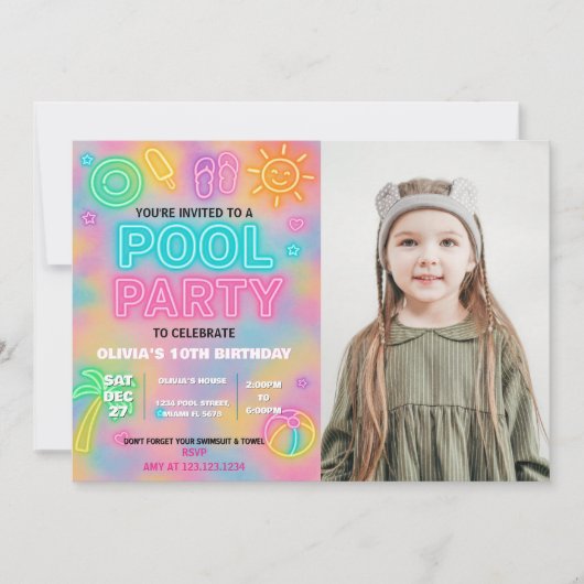 Neon Pool Party Uitnodiging voor kinderen en Tiene (Voorkant)