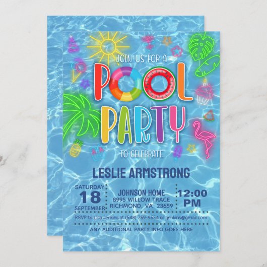 Neon Pool Party Uitnodiging voor verjaardag (Voorkant / Achterkant)