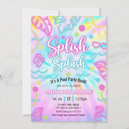 Neon Pool Party Uitnodiging, Zomer Tropische Glans Kaart (Voorkant)