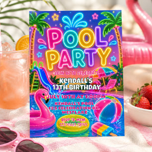 Neon Pool Party Verjaardag   Glow Summer  Kaart