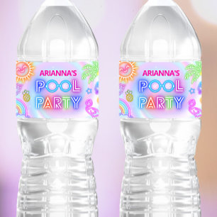 Neon Pool Party Water Bottle Label Waterfles Etiket