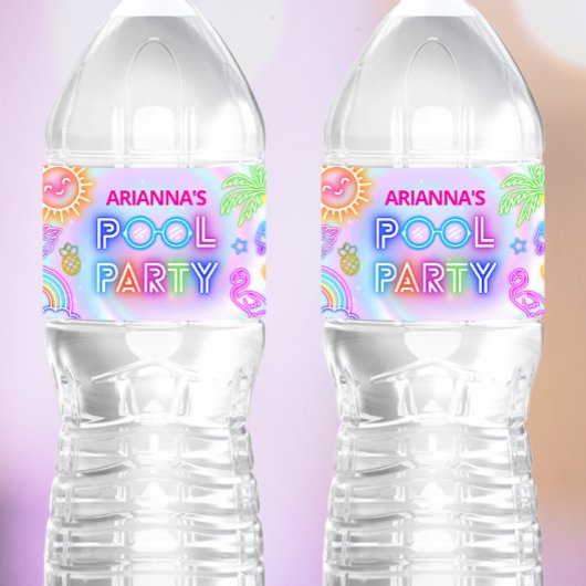 Neon Pool Party Water Bottle Label Waterfles Etiket