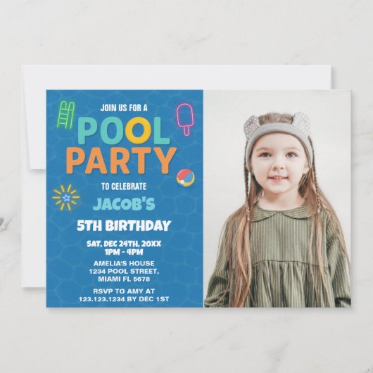 Neon Pool Verjaardag Bash Uitnodiging met foto (Voorkant)